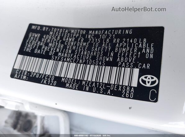 5YFS4MCE7NP105045 2022 TOYOTA COROLLA White Вид підкапотного простору