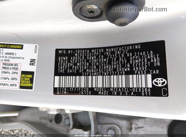 5YFS4MCE7NP127319 2022 TOYOTA COROLLA Silver Շարժիչի բաժամունքի տեսք