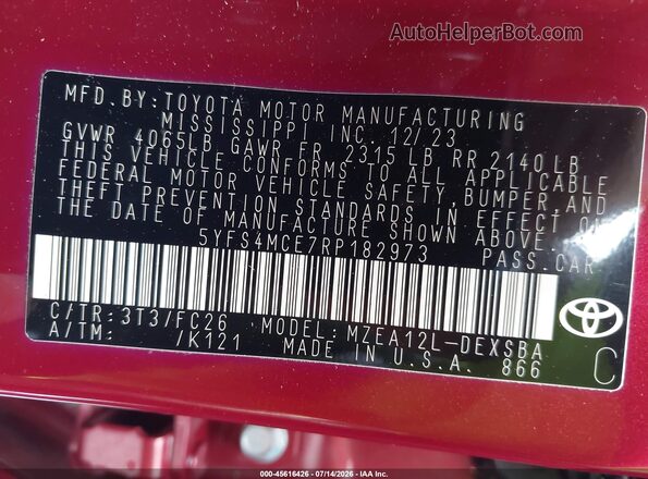 5YFS4MCE7RP182973 2024 TOYOTA COROLLA Красный Вид подкапотного пространства