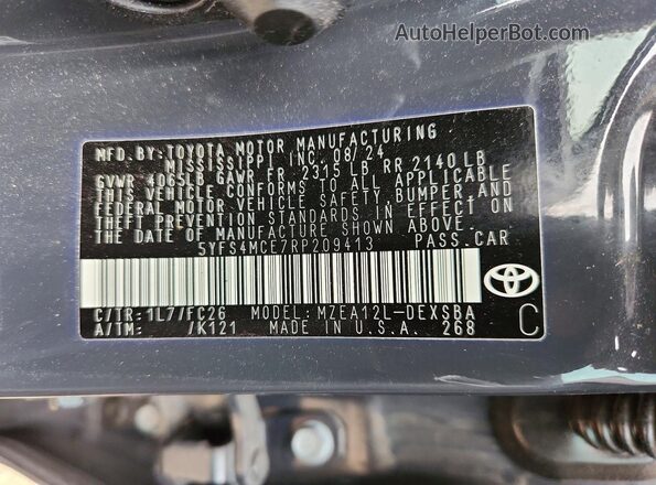 5YFS4MCE7RP209413 2024 TOYOTA COROLLA Gray Вид підкапотного простору