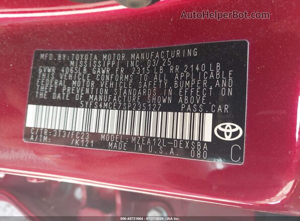5YFS4MCE7SP235127 2025 TOYOTA COROLLA Red Շարժիչի բաժամունքի տեսք