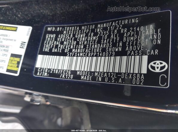 5YFS4MCE8PP140079 2023 TOYOTA COROLLA Black Vista del compartimento del motor