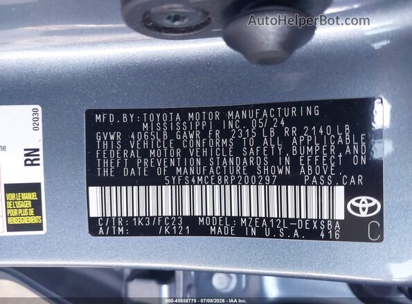 5YFS4MCE8RP200297 2024 TOYOTA COROLLA Blue Vista del compartimento del motor
