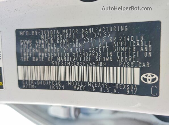 5YFS4MCE8SP245889 2025 TOYOTA COROLLA White Engine compartment view