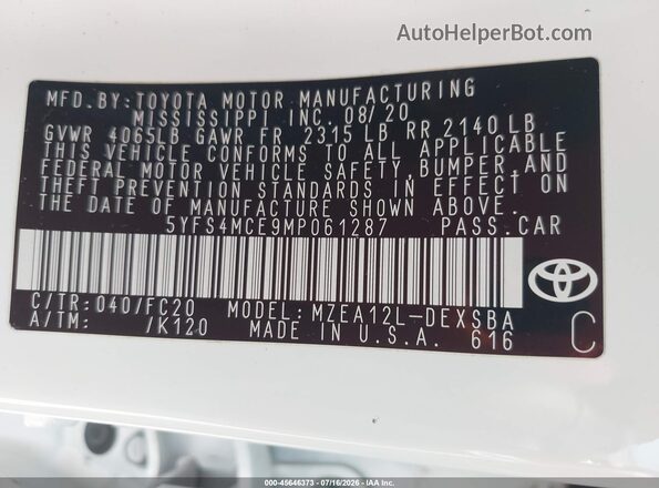 5YFS4MCE9MP061287 2021 TOYOTA COROLLA White Vista del compartimento del motor