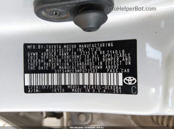 5YFS4MCE9MP072502 2021 TOYOTA COROLLA Silver Շարժիչի բաժամունքի տեսք