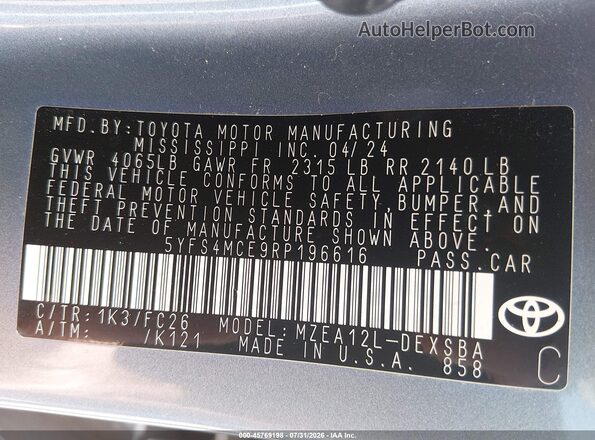5YFS4MCE9RP196616 2024 TOYOTA COROLLA Blue Vista del compartimento del motor