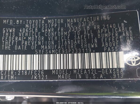 5YFS4MCE9SP233119 2025 TOYOTA COROLLA Черный Вид подкапотного пространства
