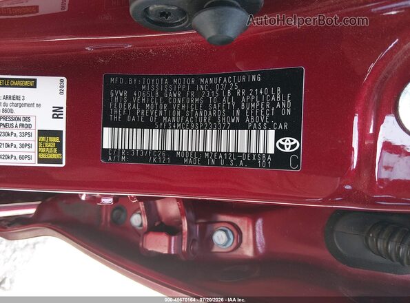 5YFS4MCE9SP233377 2025 TOYOTA COROLLA Темно-бордовый Вид подкапотного пространства