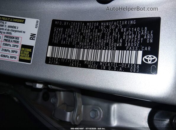 5YFS4MCE9SP243956 2025 TOYOTA COROLLA Gray Вид підкапотного простору