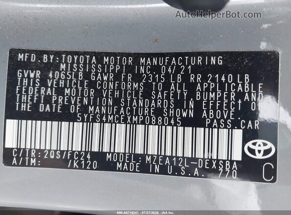 5YFS4MCEXMP088045 2021 TOYOTA COROLLA Gray Շարժիչի բաժամունքի տեսք
