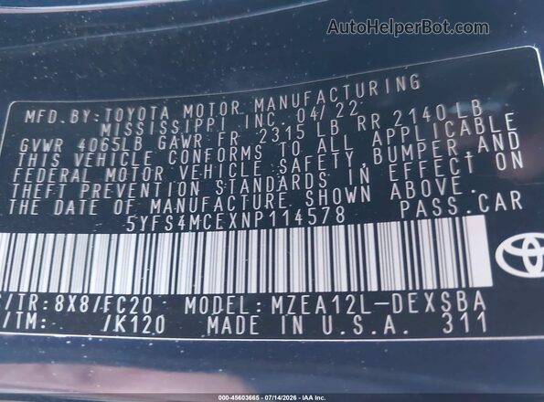 5YFS4MCEXNP114578 2022 TOYOTA COROLLA Dark Blue Engine compartment view