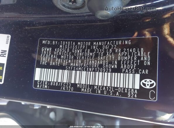 5YFS4MCEXNP120929 2022 TOYOTA COROLLA Blue Вид підкапотного простору