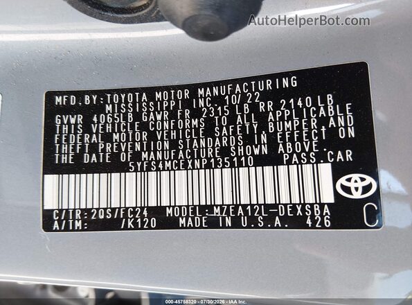 5YFS4MCEXNP135110 2022 TOYOTA COROLLA Gray Вид підкапотного простору