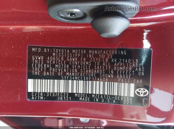 5YFS4MCEXRP174608 2024 TOYOTA COROLLA Red Widok komory silnika