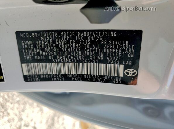 5YFS4MCEXTP266891 2026 TOYOTA COROLLA White Engine compartment view