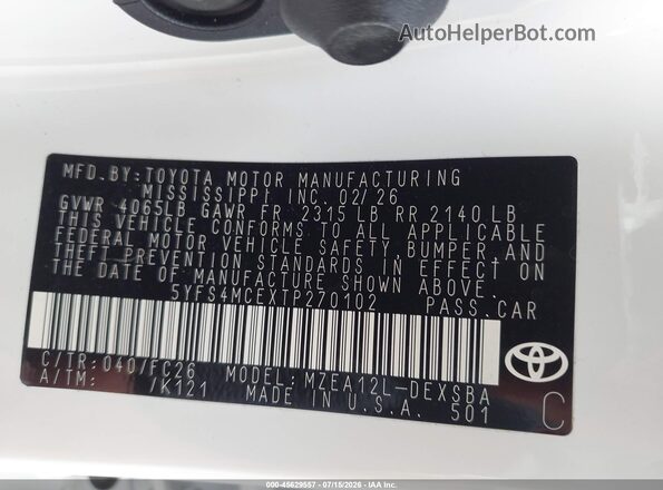 5YFS4MCEXTP270102 2026 TOYOTA COROLLA White Widok komory silnika
