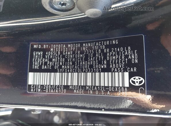 5YFS4RCE0LP033101 2020 TOYOTA COROLLA Black Շարժիչի բաժամունքի տեսք