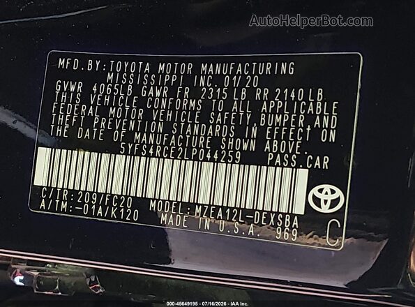 5YFS4RCE2LP044259 2020 TOYOTA COROLLA Black Widok komory silnika