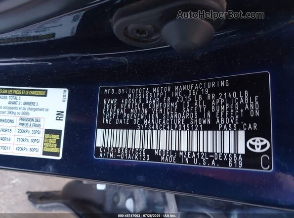 5YFS4RCE4LP015121 2020 TOYOTA COROLLA Синий Вид подкапотного пространства