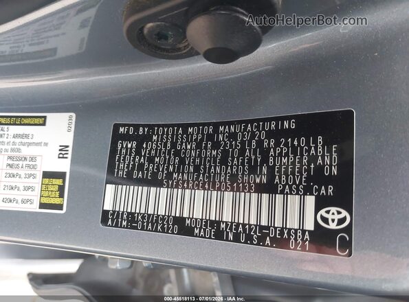 5YFS4RCE4LP051133 2020 TOYOTA COROLLA Blue Widok komory silnika
