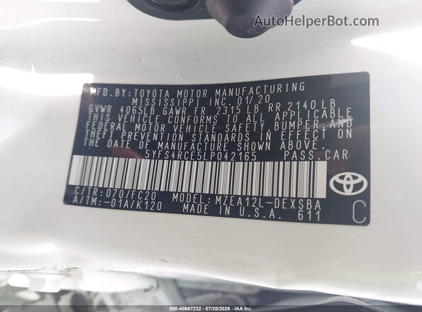 5YFS4RCE5LP042165 2020 TOYOTA COROLLA Белый Вид подкапотного пространства