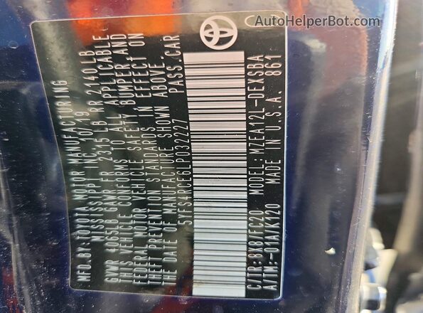5YFS4RCE6LP032227 2020 TOYOTA COROLLA Синий Вид подкапотного пространства
