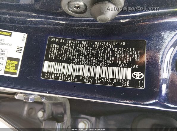 5YFS4RCE7LP016022 2020 TOYOTA COROLLA Blue ძრავის განყოფილების ხედი