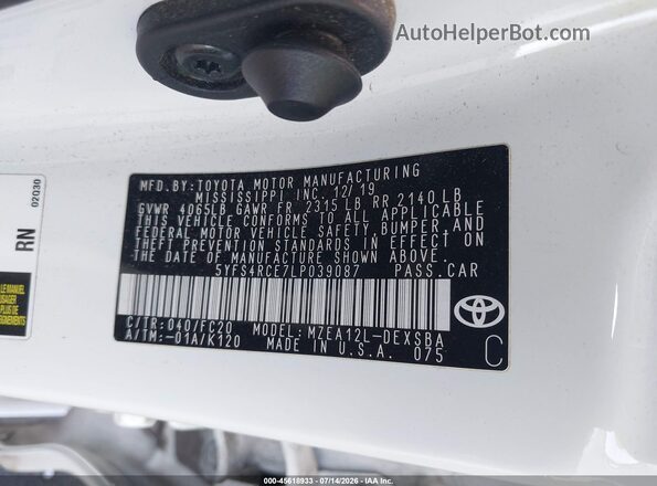 5YFS4RCE7LP039087 2020 TOYOTA COROLLA White Vista del compartimento del motor