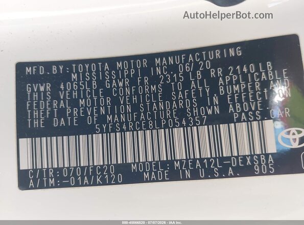 5YFS4RCE8LP054357 2020 TOYOTA COROLLA Белый Вид подкапотного пространства