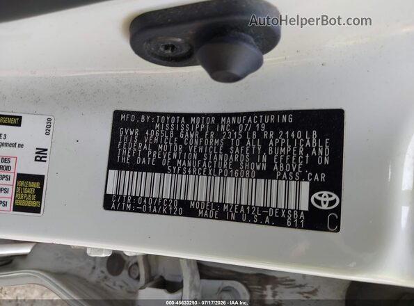 5YFS4RCEXLP016080 2020 TOYOTA COROLLA White ძრავის განყოფილების ხედი