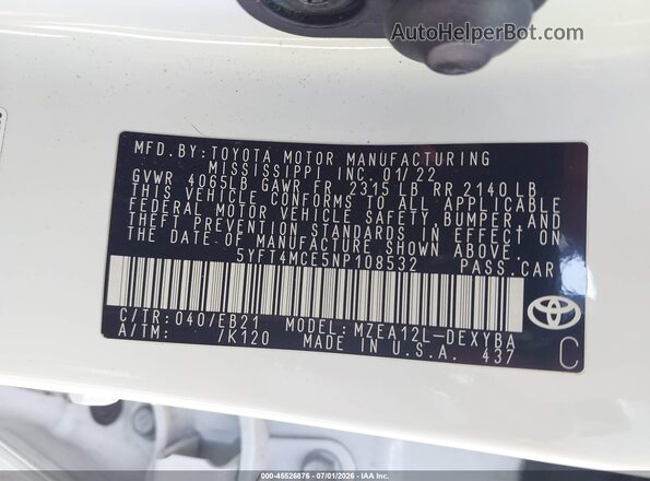 5YFT4MCE5NP108532 2022 TOYOTA COROLLA White Շարժիչի բաժամունքի տեսք