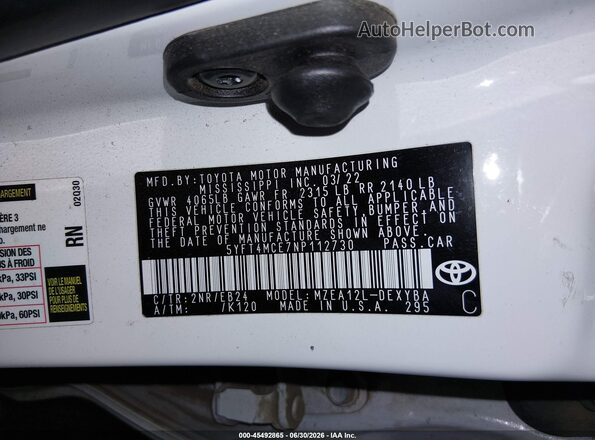5YFT4MCE7NP112730 2022 TOYOTA COROLLA Белый Вид подкапотного пространства