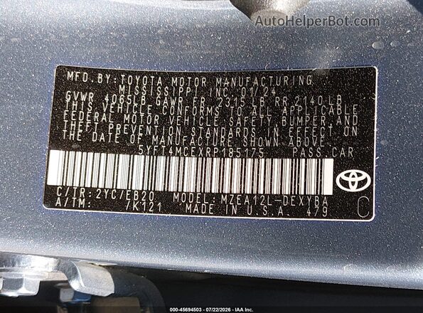 5YFT4MCEXRP185175 2024 TOYOTA COROLLA Gray Շարժիչի բաժամունքի տեսք
