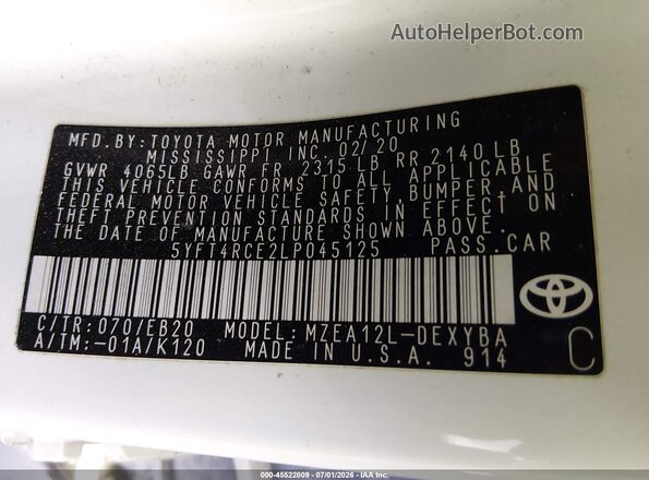 5YFT4RCE2LP045125 2020 TOYOTA COROLLA White Շարժիչի բաժամունքի տեսք