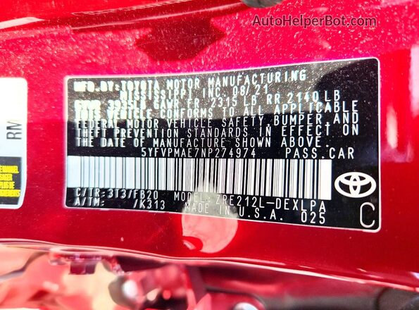 5YFVPMAE7NP274974 2022 TOYOTA COROLLA Red Vista del compartimento del motor