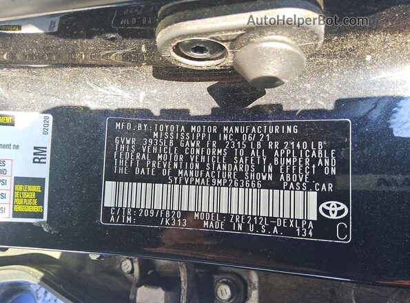 5YFVPMAE9MP263666 2021 TOYOTA COROLLA Black Вид наклейки з VIN-кодом
