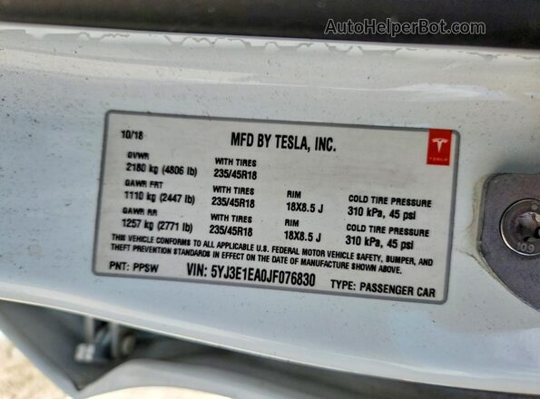 5YJ3E1EA0JF076830 2018 TESLA MODEL Белый Вид подкапотного пространства