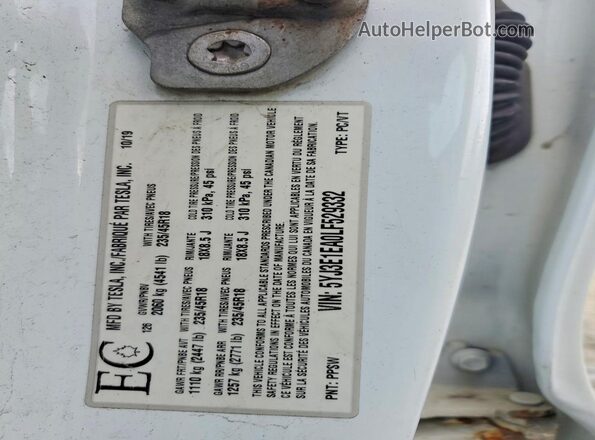 5YJ3E1EA0LF529332 2020 TESLA MODEL White VIN sticker view