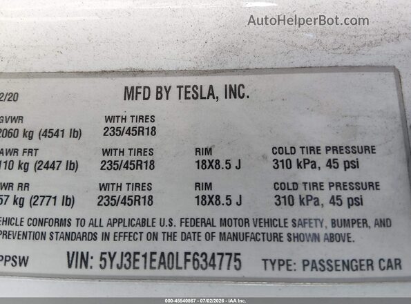 5YJ3E1EA0LF634775 2020 TESLA MODEL 3 Белый Вид подкапотного пространства