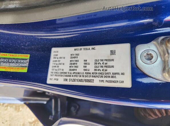 5YJ3E1EA0LF806822 2020 TESLA MODEL Blue Vista del compartimento del motor