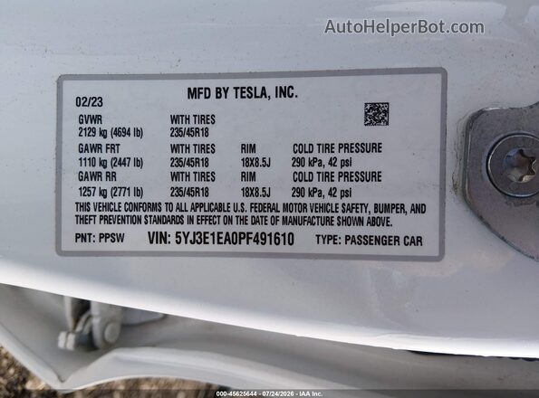 5YJ3E1EA0PF491610 2023 TESLA MODEL 3 White Engine compartment view