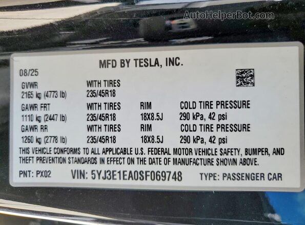 5YJ3E1EA0SF069748 2025 TESLA MODEL Black Widok naklejki z numerem VIN