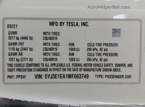 5YJ3E1EA1MF063749 2021 TESLA MODEL 3 White Вид підкапотного простору