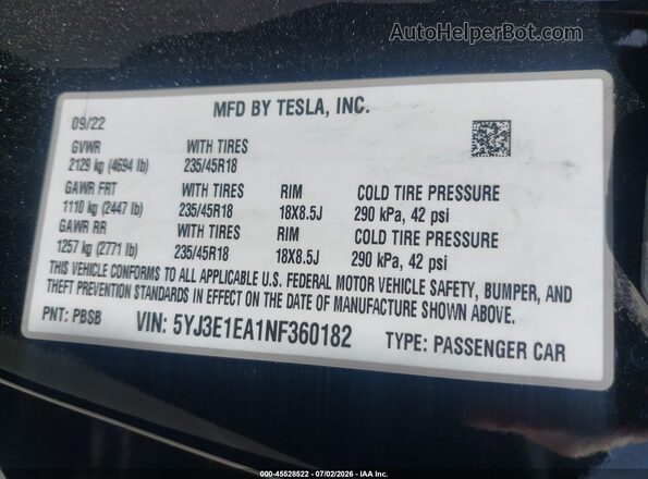 5YJ3E1EA1NF360182 2022 TESLA MODEL 3 Черный Вид подкапотного пространства