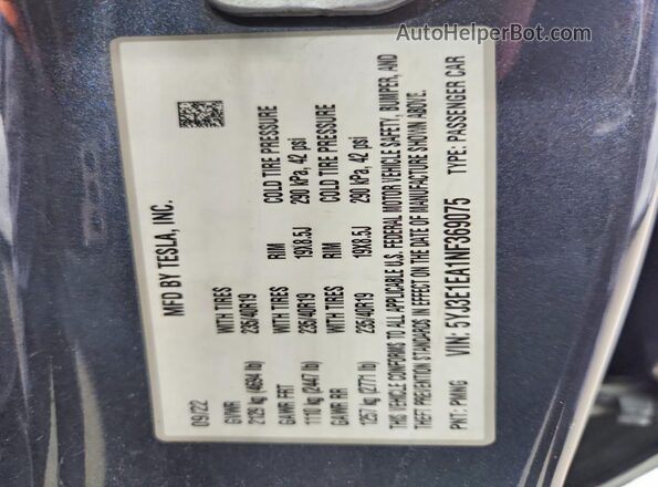 5YJ3E1EA1NF369075 2022 TESLA MODEL Gray ძრავის განყოფილების ხედი