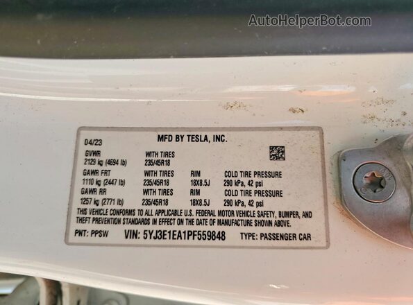 5YJ3E1EA1PF559848 2023 TESLA MODEL White Вид підкапотного простору