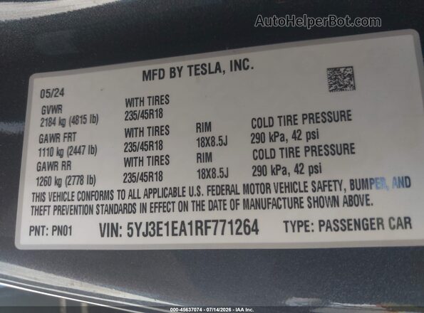 5YJ3E1EA1RF771264 2024 TESLA MODEL 3 Черный Вид подкапотного пространства
