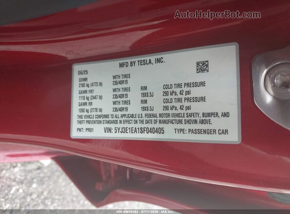 5YJ3E1EA1SF040405 2025 TESLA MODEL 3 Burgundy Շարժիչի բաժամունքի տեսք