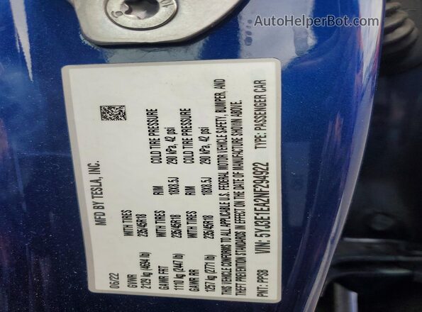 5YJ3E1EA2NF294922 2022 TESLA MODEL Blue Vista del compartimento del motor